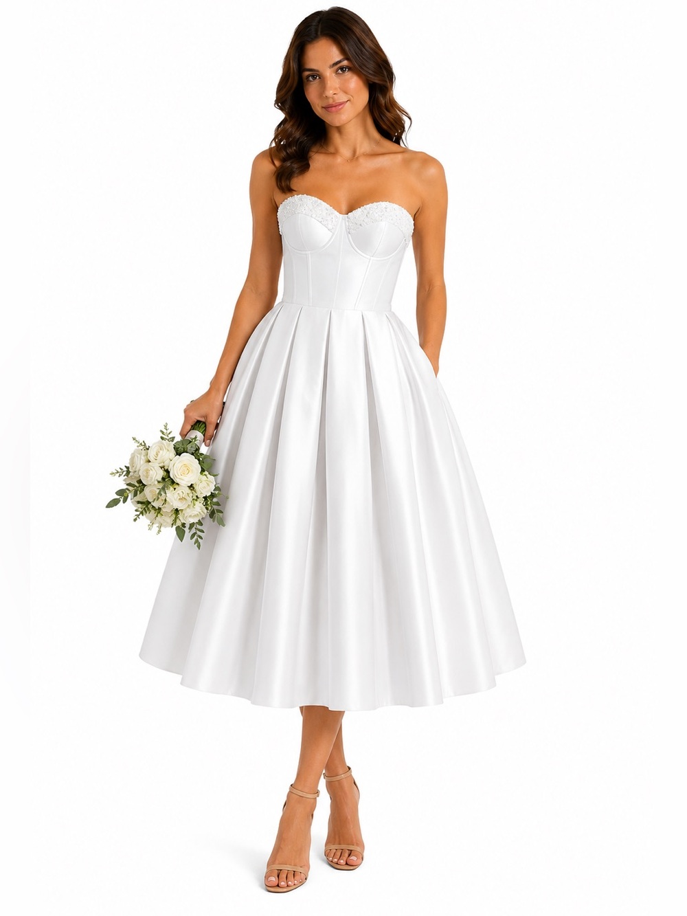 White Satin Strapless Corset Midi Bridal Reception Dress